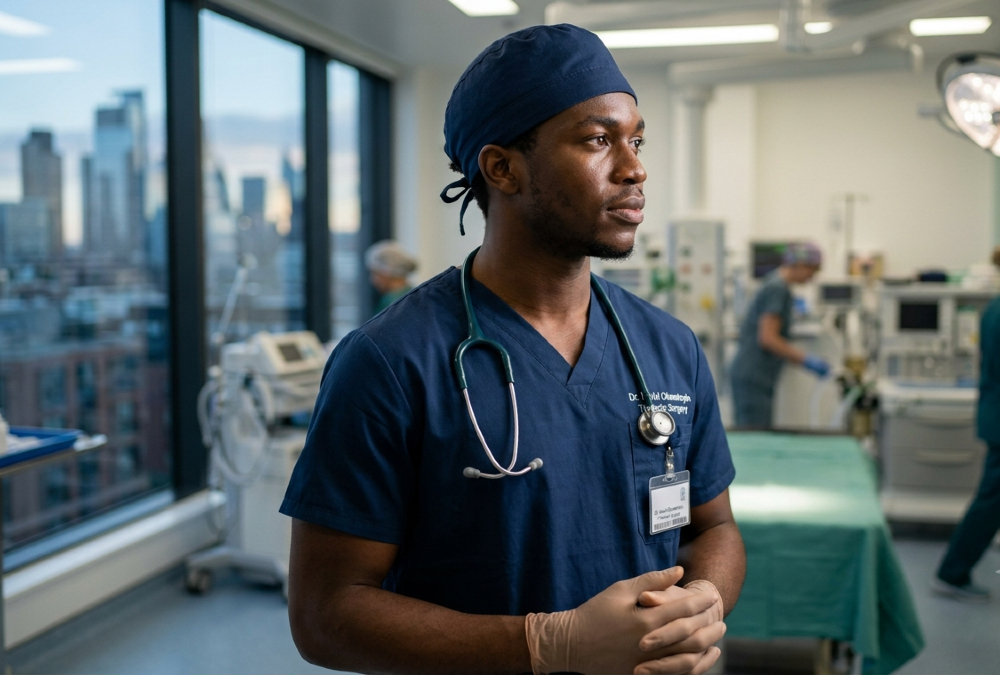 African doctor working internationally, symbolizing skilled talent migration.