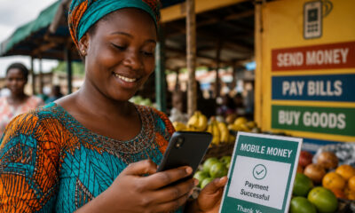 African woman using mobile phone for mobile money transaction highlighting financial inclusion expansion