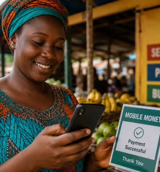 African woman using mobile phone for mobile money transaction highlighting financial inclusion expansion