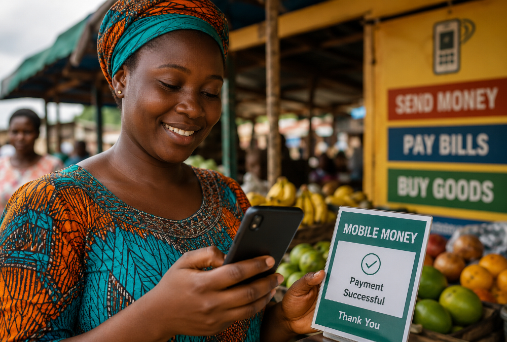 African woman using mobile phone for mobile money transaction highlighting financial inclusion expansion