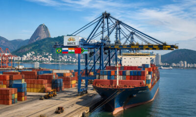 Brazilian port infrastructure with cargo containers representing expanding maritime logistics links between African ports and Brazil through BRICS cooperation for commodity and manufactured goods trade