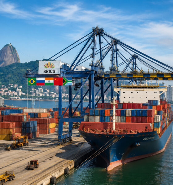 Brazilian port infrastructure with cargo containers representing expanding maritime logistics links between African ports and Brazil through BRICS cooperation for commodity and manufactured goods trade