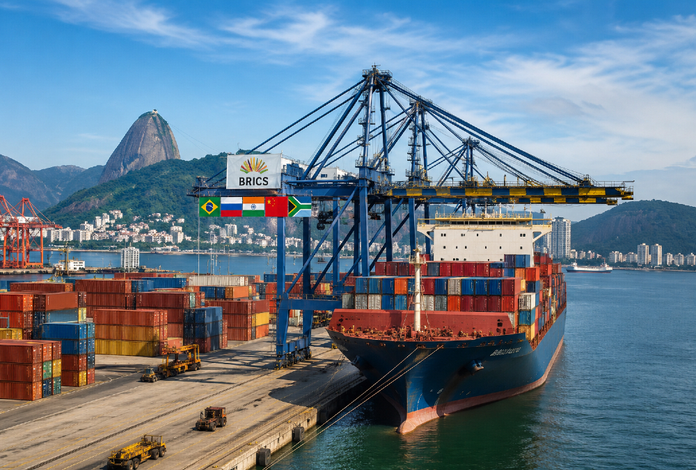 Brazilian port infrastructure with cargo containers representing expanding maritime logistics links between African ports and Brazil through BRICS cooperation for commodity and manufactured goods trade