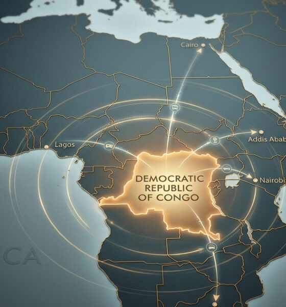 Map of Africa highlighting the Democratic Republic of Congo as a central hub connecting regional trade corridors, energy networks, and economic integration across the continent