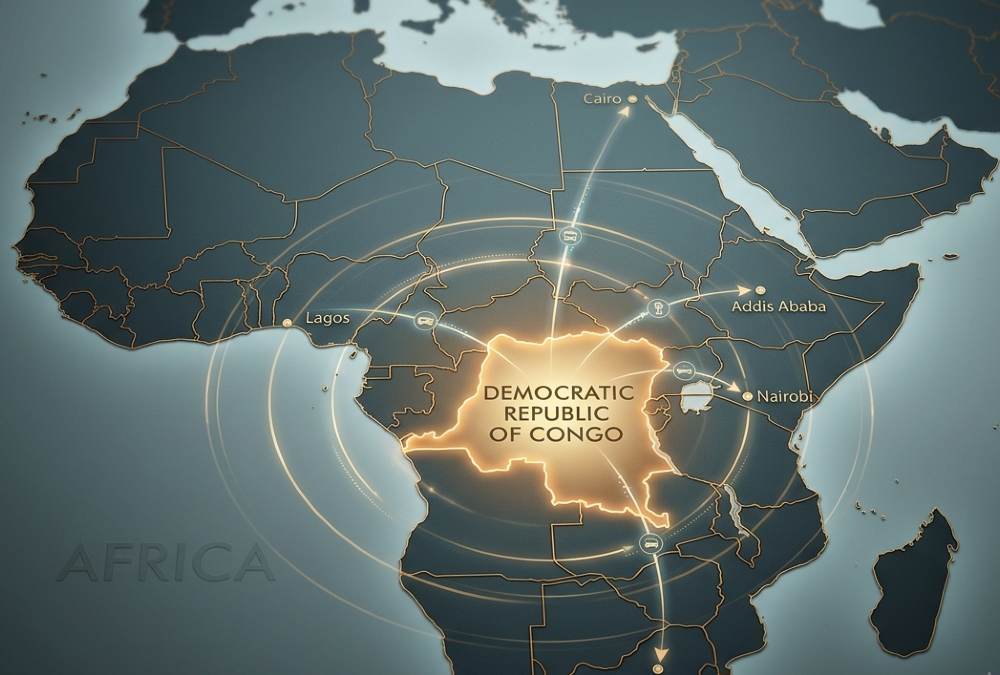 Map of Africa highlighting the Democratic Republic of Congo as a central hub connecting regional trade corridors, energy networks, and economic integration across the continent