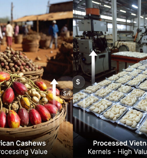 Raw African cashews versus processed Vietnamese kernels, highlighting the Africa cashew processing value gap.