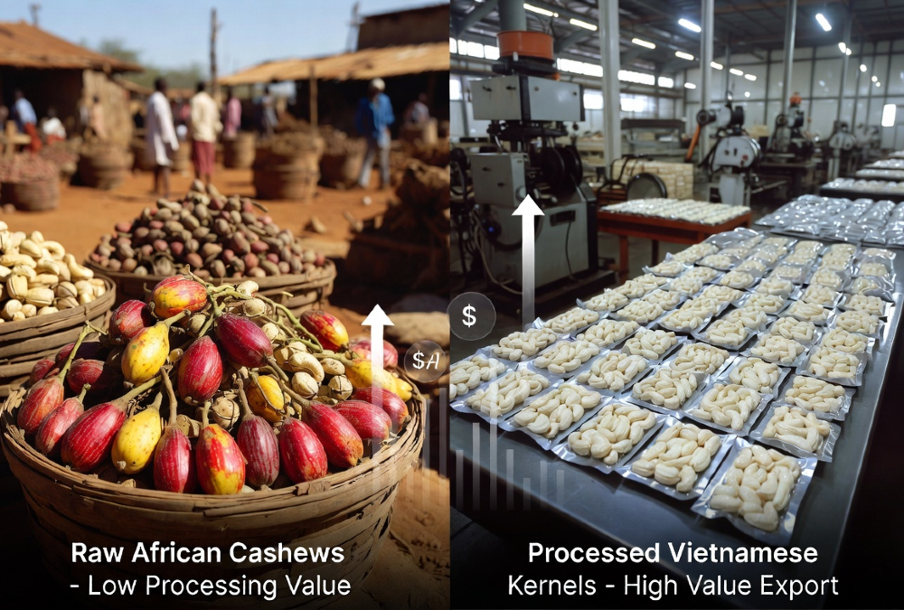 Raw African cashews versus processed Vietnamese kernels, highlighting the Africa cashew processing value gap.