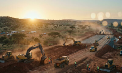 Heavy machinery and construction equipment at work on a large-scale infrastructure project in sub-Saharan Africa.