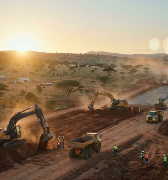 Heavy machinery and construction equipment at work on a large-scale infrastructure project in sub-Saharan Africa.
