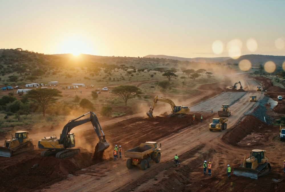 Heavy machinery and construction equipment at work on a large-scale infrastructure project in sub-Saharan Africa.