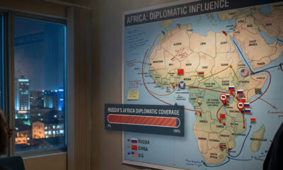 Geopolitical illustration showing Russia, China, and the U.S. vying for influence across Africa as Russia's Africa diplomatic coverage nears completion.