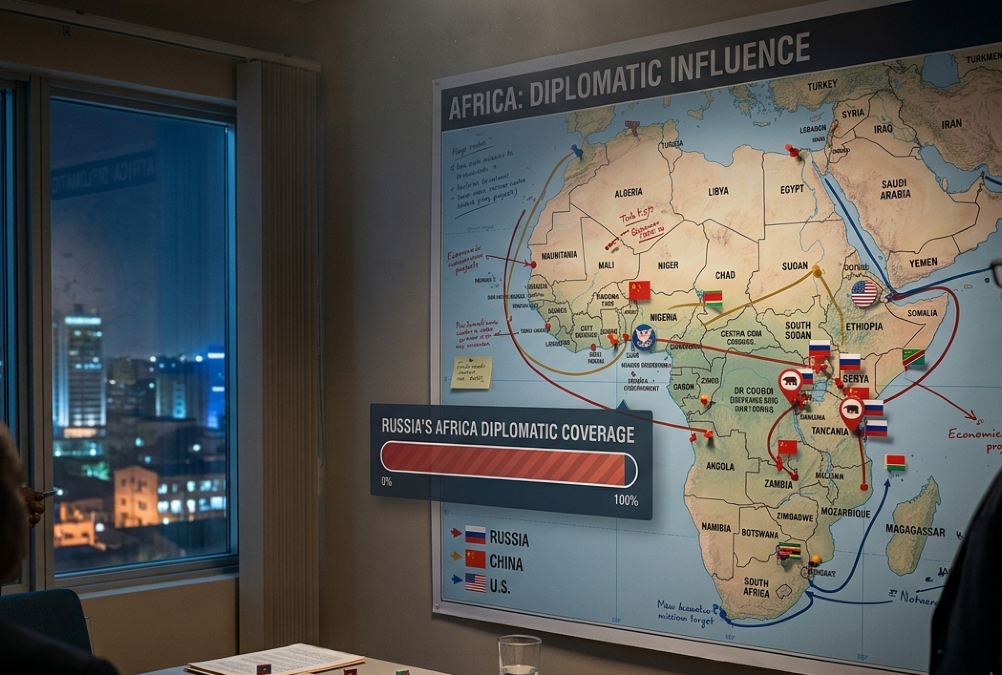 Geopolitical illustration showing Russia, China, and the U.S. vying for influence across Africa as Russia's Africa diplomatic coverage nears completion.