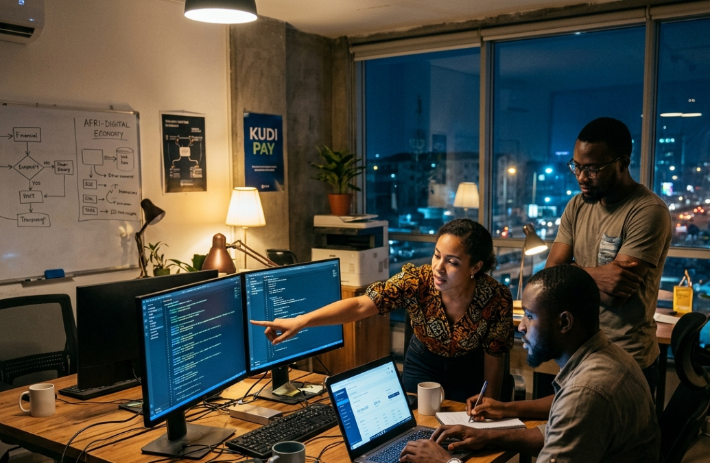 Tech entrepreneurs collaborating in a West Africa fintech startup representing the growing African digital economy.