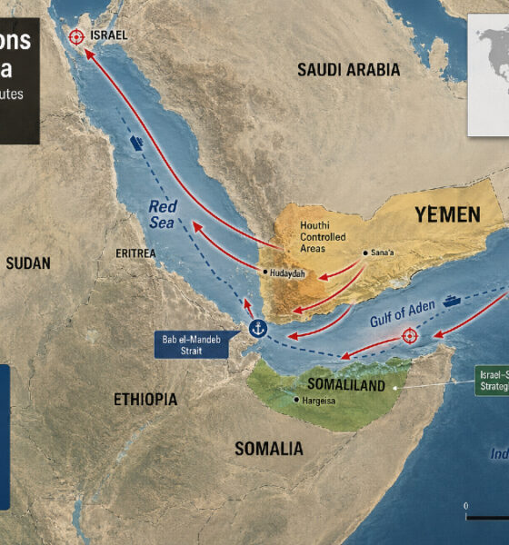 Map of the Red Sea and Gulf of Aden highlighting Houthi missile threat routes, the Bab el-Mandeb Strait, and Somaliland’s strategic location near Yemen, illustrating risks of Middle East conflict spillover into Africa.