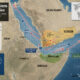 Map of the Red Sea and Gulf of Aden highlighting Houthi missile threat routes, the Bab el-Mandeb Strait, and Somaliland’s strategic location near Yemen, illustrating risks of Middle East conflict spillover into Africa.