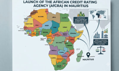 Map showing African Credit Rating Agency (AfCRA) launch in Mauritius, aiming to reduce sovereign borrowing costs and challenge Moody's and S&P Global