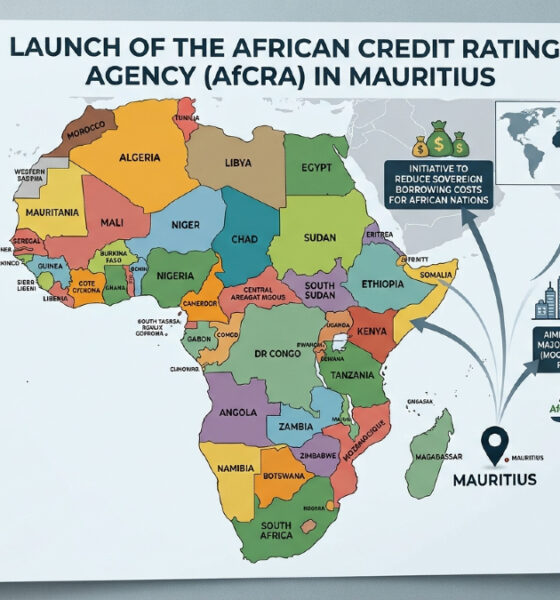 Map showing African Credit Rating Agency (AfCRA) launch in Mauritius, aiming to reduce sovereign borrowing costs and challenge Moody's and S&P Global