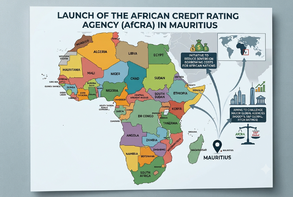 Map showing African Credit Rating Agency (AfCRA) launch in Mauritius, aiming to reduce sovereign borrowing costs and challenge Moody's and S&P Global