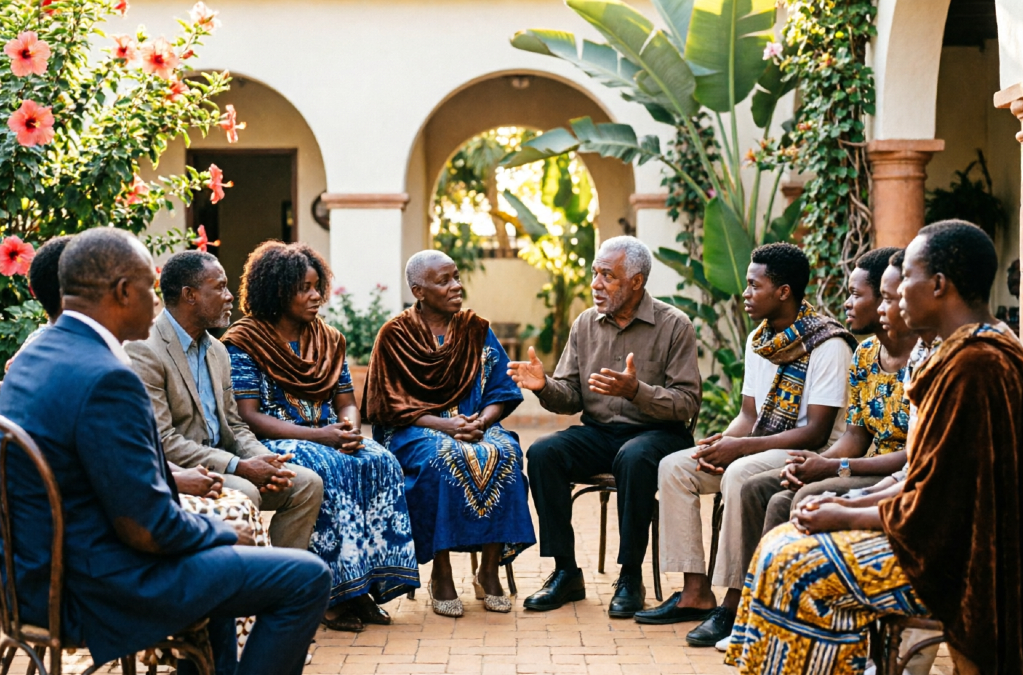 African community gathering reflecting relational identity, social cohesion, and civilizational wisdom.