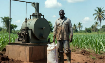 African farmer holding fertilizer bag beside small-scale oil mill, symbolizing agriculture subsidy myths and local industry