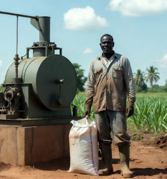 African farmer holding fertilizer bag beside small-scale oil mill, symbolizing agriculture subsidy myths and local industry