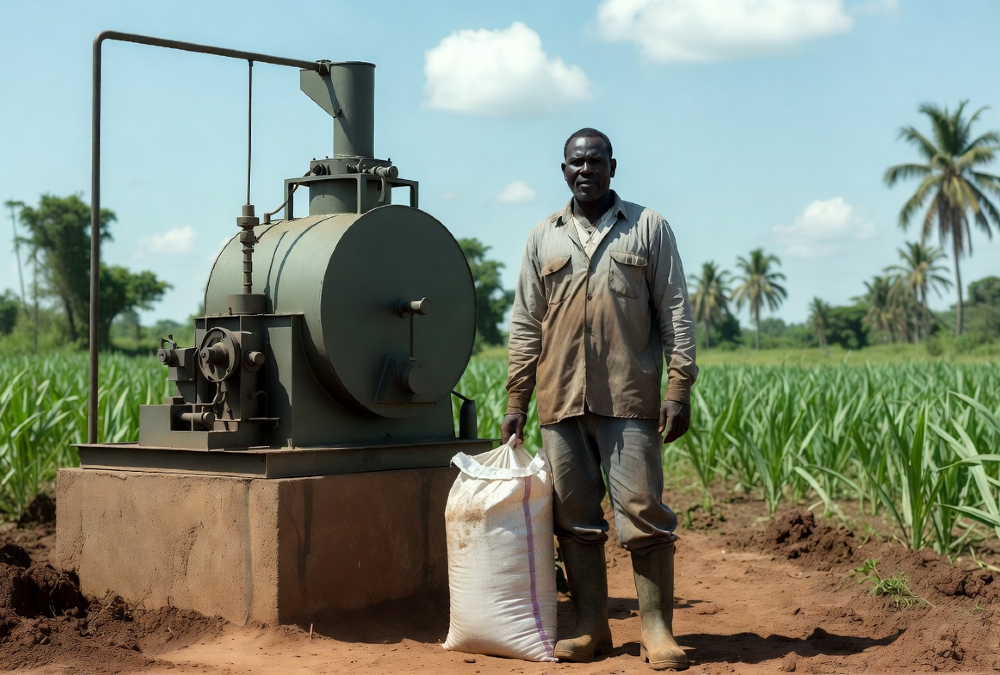 African farmer holding fertilizer bag beside small-scale oil mill, symbolizing agriculture subsidy myths and local industry
