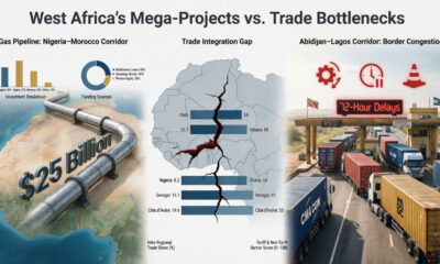 Infographic comparing the $25 billion Nigeria-Morocco gas pipeline with 72-hour border delays on the Abidjan-Lagos Corridor, highlighting West Africa's trade integration gap.