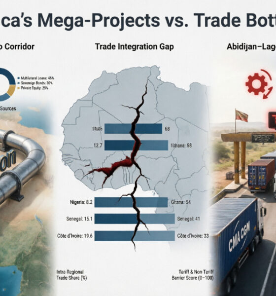 Infographic comparing the $25 billion Nigeria-Morocco gas pipeline with 72-hour border delays on the Abidjan-Lagos Corridor, highlighting West Africa's trade integration gap.