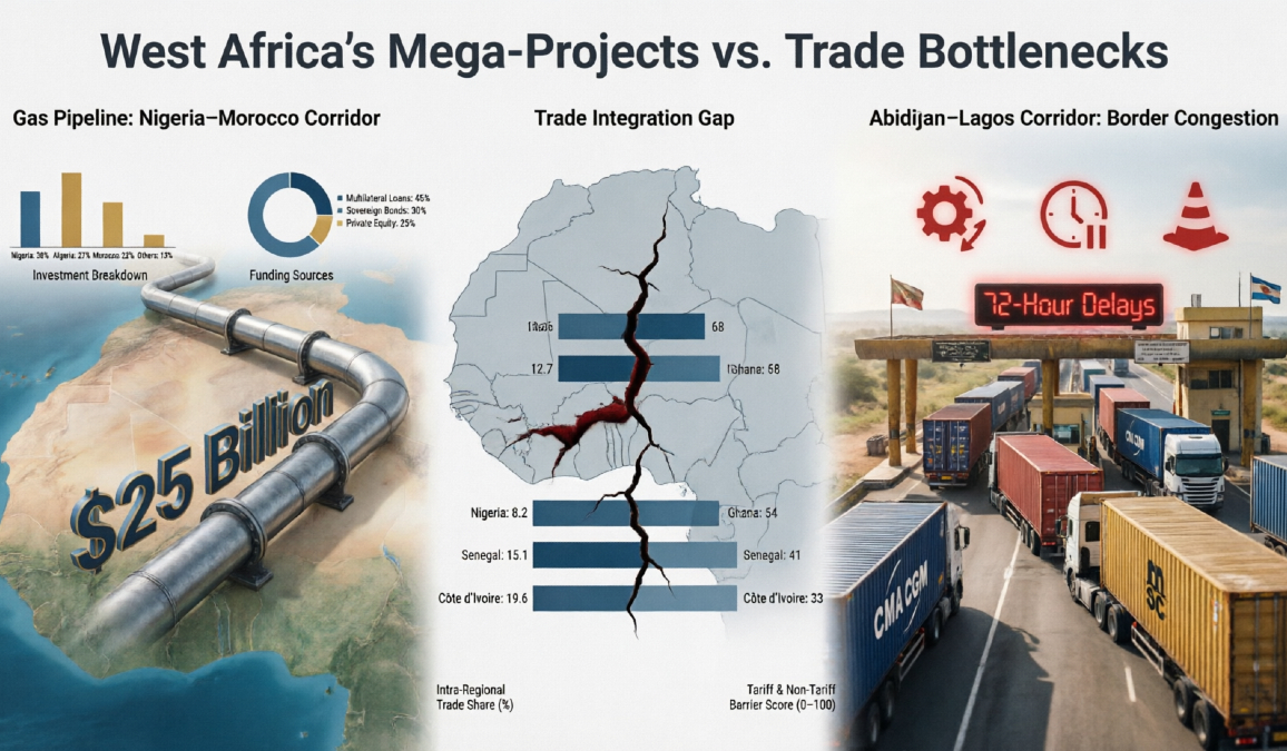 Infographic comparing the $25 billion Nigeria-Morocco gas pipeline with 72-hour border delays on the Abidjan-Lagos Corridor, highlighting West Africa's trade integration gap.