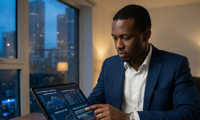 African Financial analyst examining currency exchange rates and economic data on digital tablet, illustrating country risk assessment and underwriting process