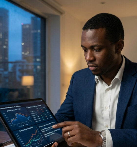 African Financial analyst examining currency exchange rates and economic data on digital tablet, illustrating country risk assessment and underwriting process