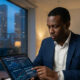 African Financial analyst examining currency exchange rates and economic data on digital tablet, illustrating country risk assessment and underwriting process