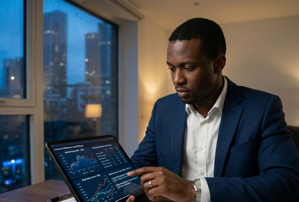 African Financial analyst examining currency exchange rates and economic data on digital tablet, illustrating country risk assessment and underwriting process
