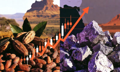 Cocoa beans and lithium ore split by a rising commodity price chart, symbolizing Africa's fight for value chain control