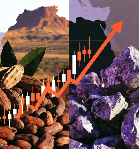 Cocoa beans and lithium ore split by a rising commodity price chart, symbolizing Africa's fight for value chain control