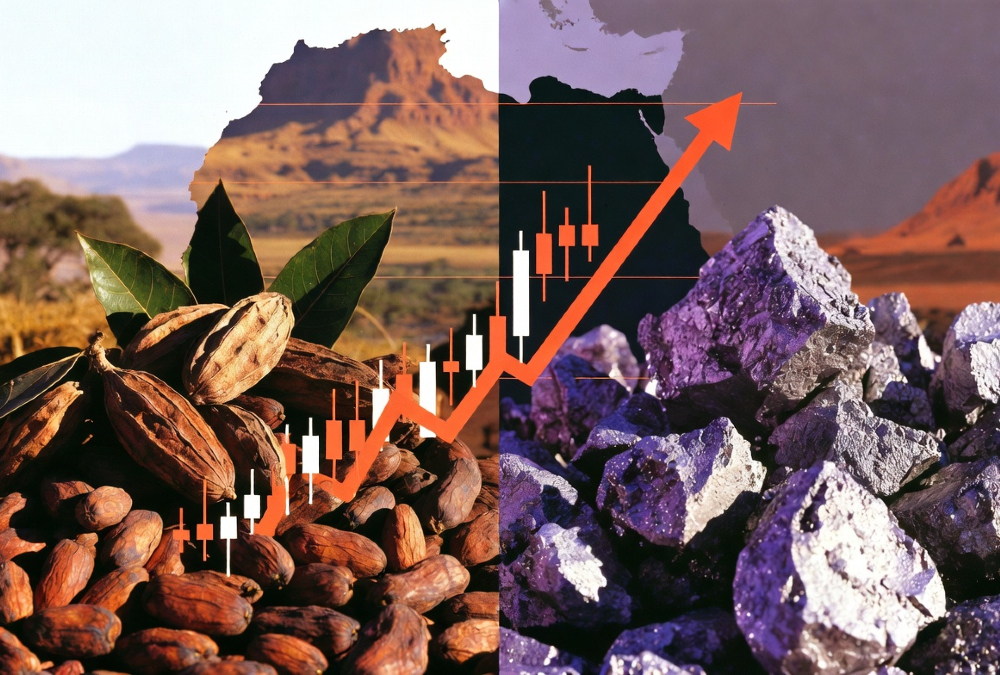 Cocoa beans and lithium ore split by a rising commodity price chart, symbolizing Africa's fight for value chain control