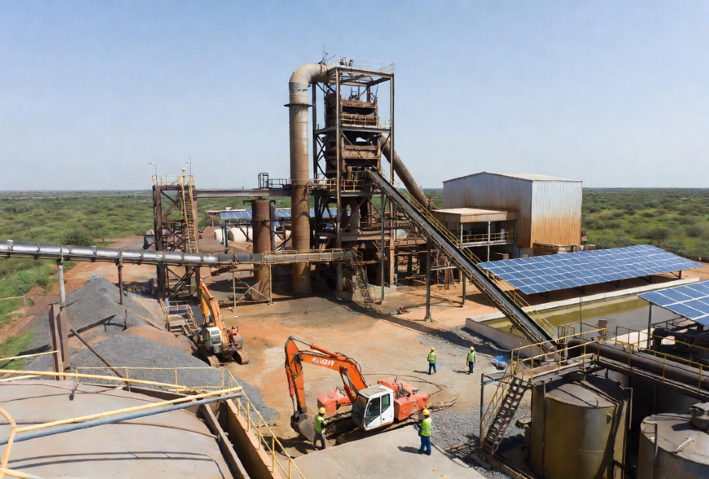 African mineral processing plant with workers and heavy machinery, highlighting the need for sustainable industrialization and reliable infrastructure across the continent.