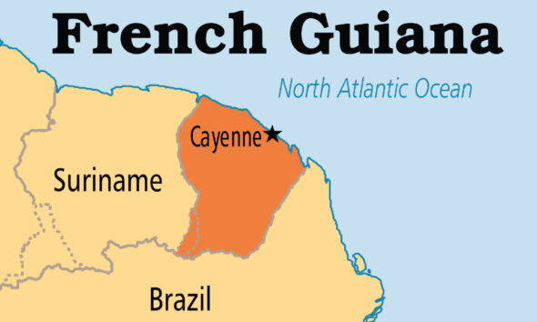 Map showing French Guiana's location as the eighth associate member of the Caribbean Community (CARICOM).