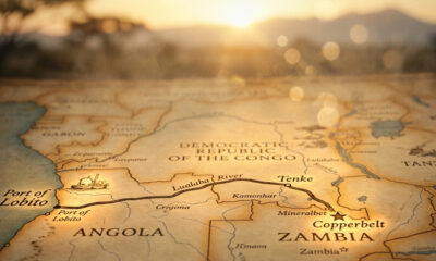 Map showing the Lobito Corridor railway route from Angola's Port of Lobito through the Democratic Republic of the Congo to Zambia's Copperbelt