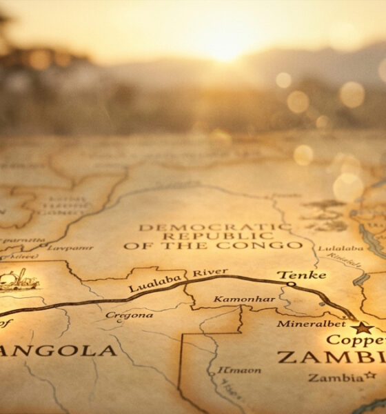 Map showing the Lobito Corridor railway route from Angola's Port of Lobito through the Democratic Republic of the Congo to Zambia's Copperbelt