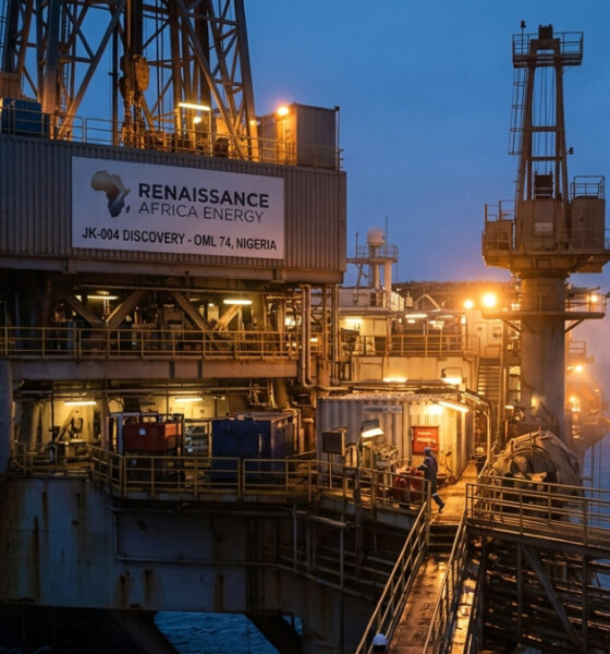 Offshore oil rig representing Renaissance Africa Energy's JK-004 discovery in OML 74, Nigeria's upstream exploration sector