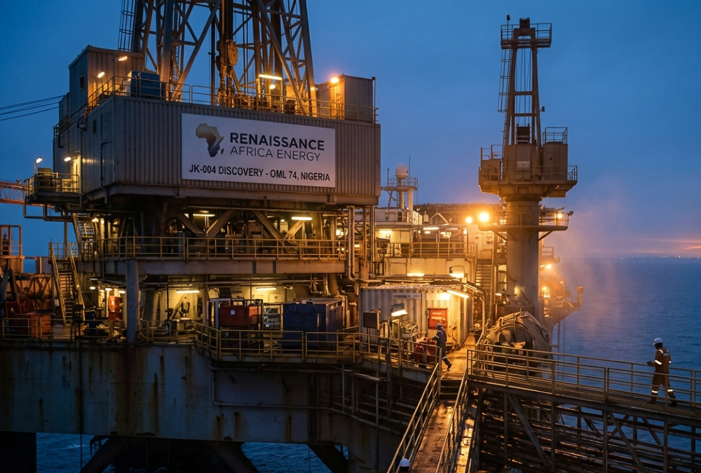 Offshore oil rig representing Renaissance Africa Energy's JK-004 discovery in OML 74, Nigeria's upstream exploration sector