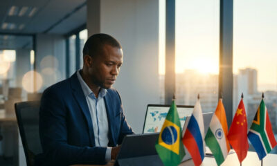 African entrepreneur reviewing global trade data with BRICS nation flags, illustrating Africa's growing trade ties with Brazil, Russia, India, China, and South Africa