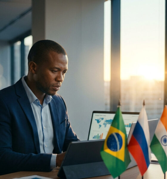 African entrepreneur reviewing global trade data with BRICS nation flags, illustrating Africa's growing trade ties with Brazil, Russia, India, China, and South Africa