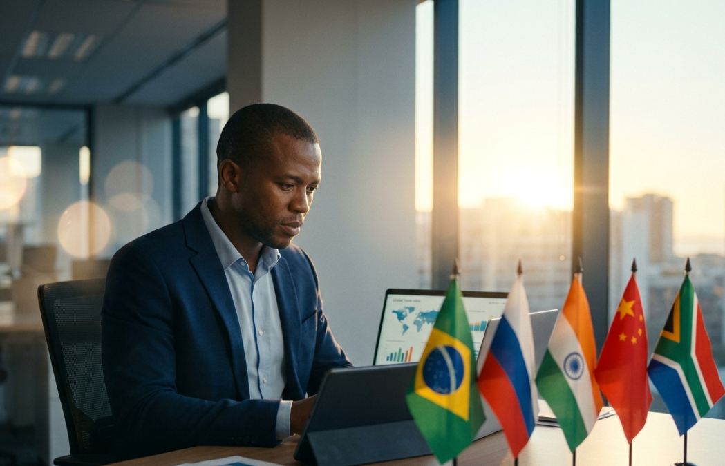 African entrepreneur reviewing global trade data with BRICS nation flags, illustrating Africa's growing trade ties with Brazil, Russia, India, China, and South Africa