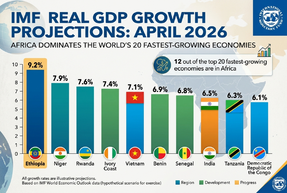 IMF real GDP growth projections April 2026 showing 12 of the 20 fastest-growing economies in the world are African, with Ethiopia at 9.2% outpacing Vietnam at 7.1% and India at 6.5%.
