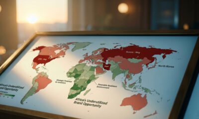A world map showing net perception by country, with major powers like the US, Russia, China, Iran, and North Korea in deep red indicating negative global opinion, while most African nations appear in neutral-to-positive green, illustrating Africa's underutilized brand opportunity for investors and businesses.