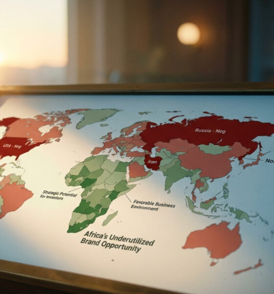 A world map showing net perception by country, with major powers like the US, Russia, China, Iran, and North Korea in deep red indicating negative global opinion, while most African nations appear in neutral-to-positive green, illustrating Africa's underutilized brand opportunity for investors and businesses.