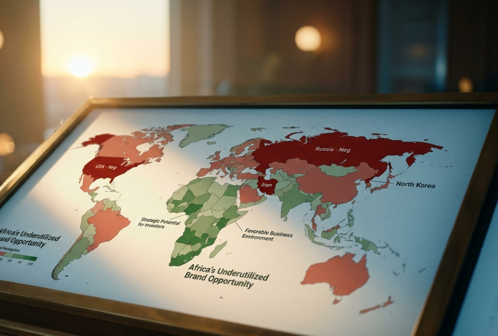 A world map showing net perception by country, with major powers like the US, Russia, China, Iran, and North Korea in deep red indicating negative global opinion, while most African nations appear in neutral-to-positive green, illustrating Africa's underutilized brand opportunity for investors and businesses.