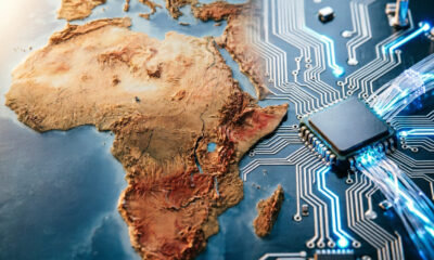 Split-image composition: African map outline on one side, glowing AI circuit board on the other, representing the strategic disconnect between stable growth and participation in the new technology frontier.